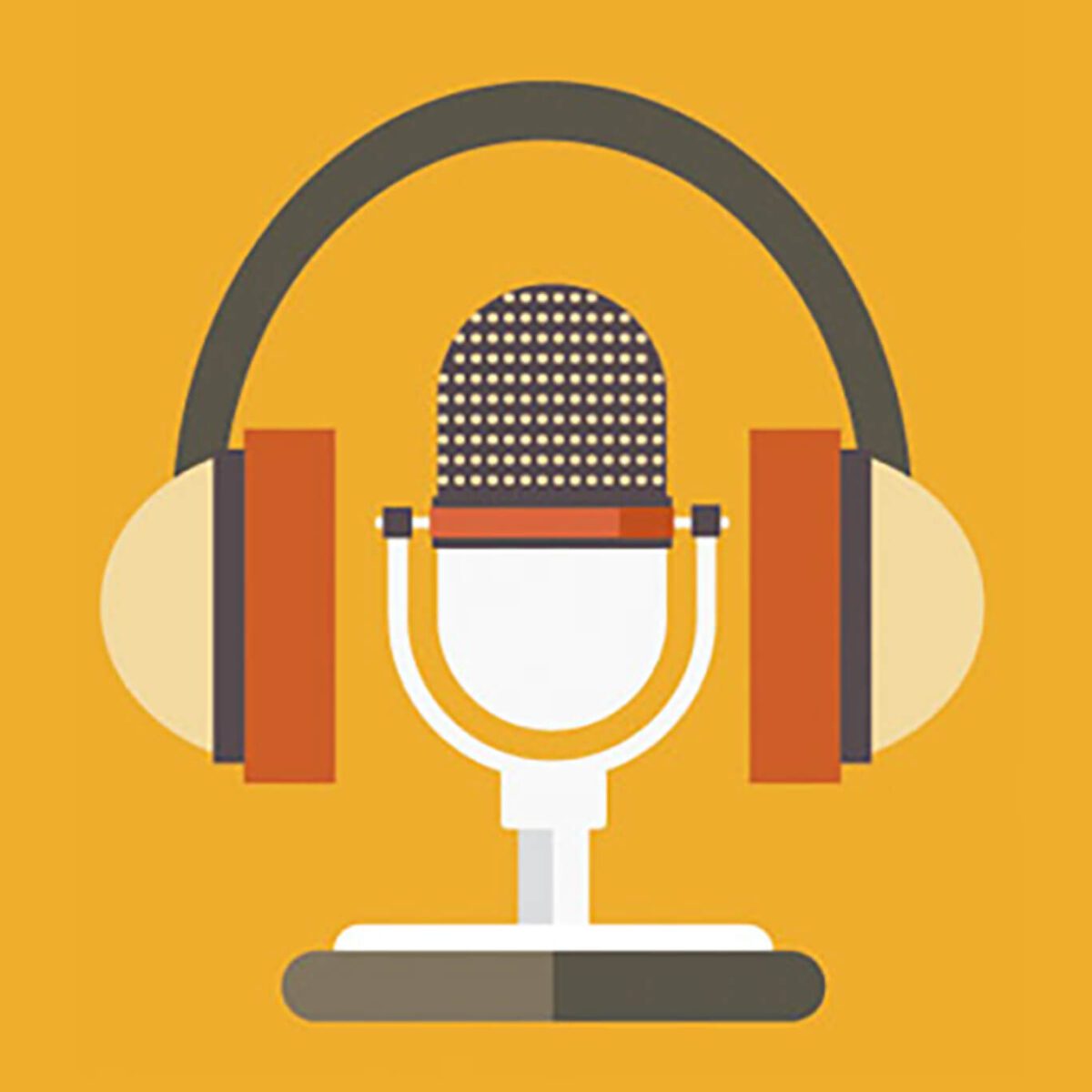 Flat illustration of a microphone with large headphones on a yellow background.