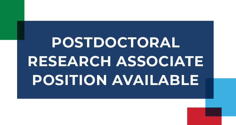 Text reads "POSTDOCTORAL RESEARCH ASSOCIATE POSITION AVAILABLE" on a blue box with colored geometric shapes.