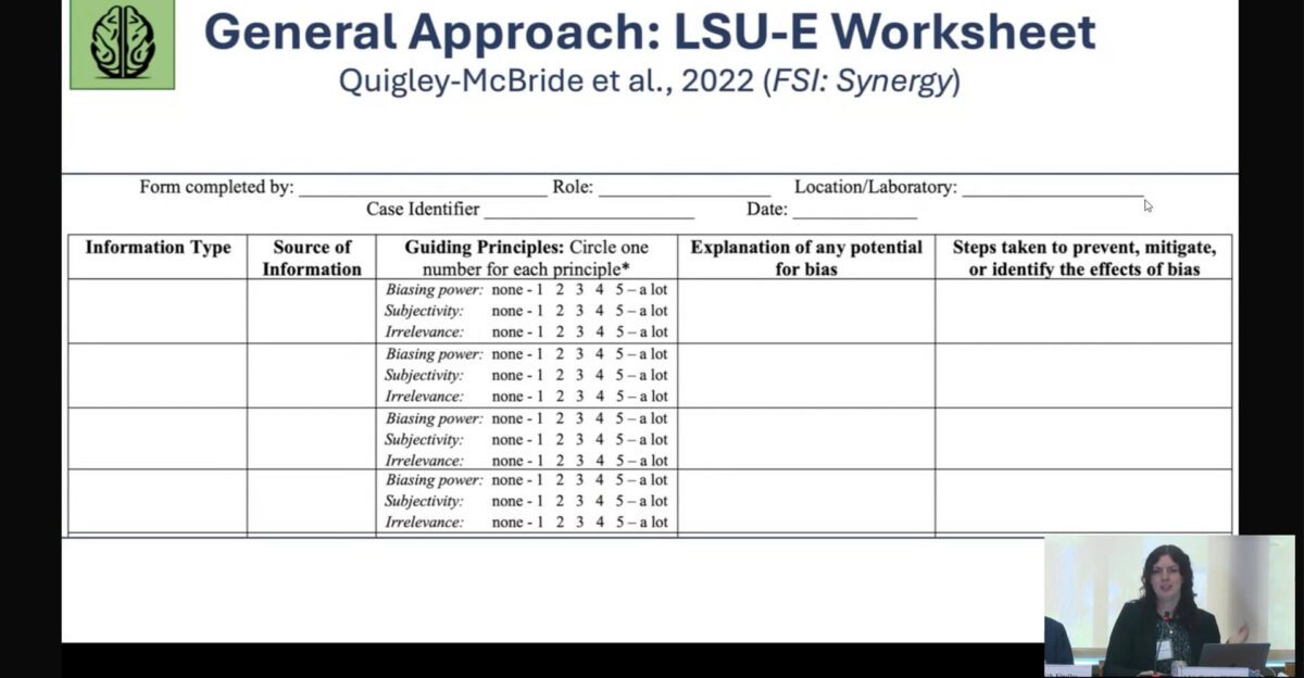 A worksheet table for evaluating sources of information and bias, labeled "General Approach: LSU-E Workshop.