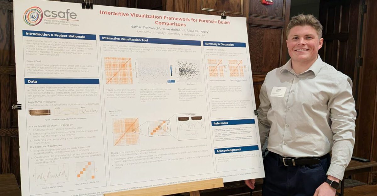 Nathan stands next to a scientific research poster about forensic bullet comparisons.