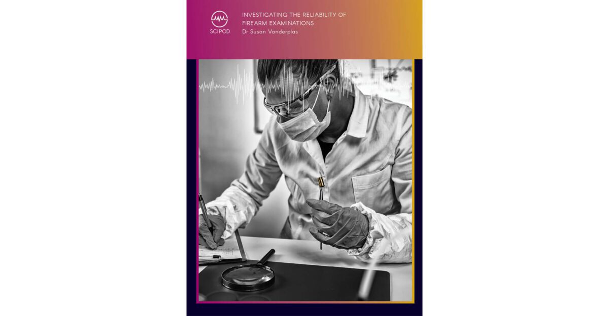 Scientist in lab coat and mask examines evidence at desk, writing notes, with "Investigating the Reliability of Firearm Examinations" text.