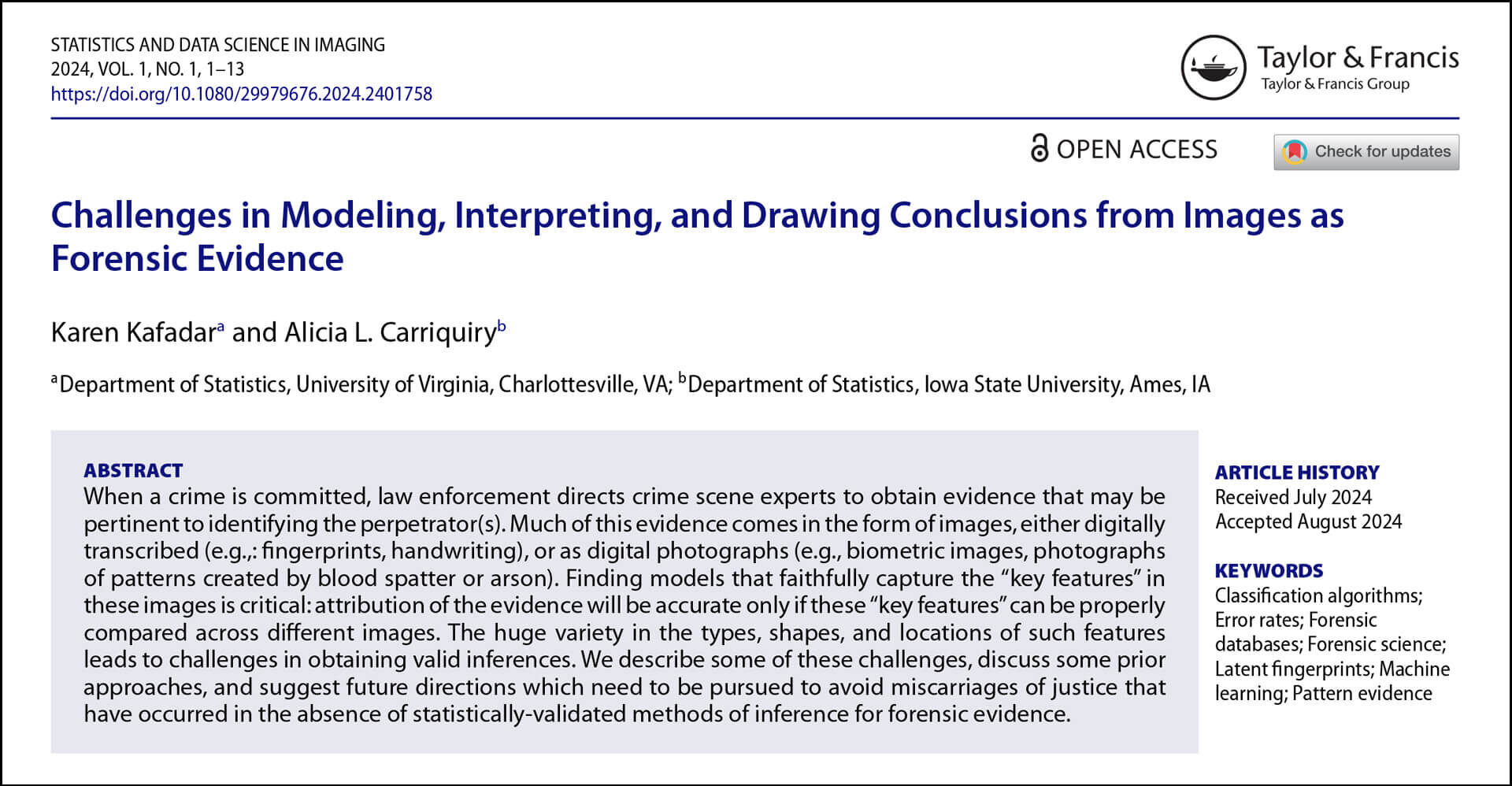 Journal article titled "Challenges in Modeling...Images as Forensic Evidence" by Kafadar and Carriquiry.