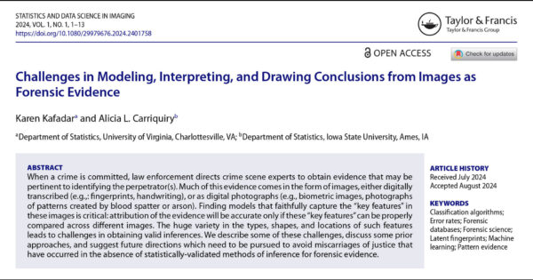 Journal article titled "Challenges in Modeling...Images as Forensic Evidence" by Kafadar and Carriquiry.