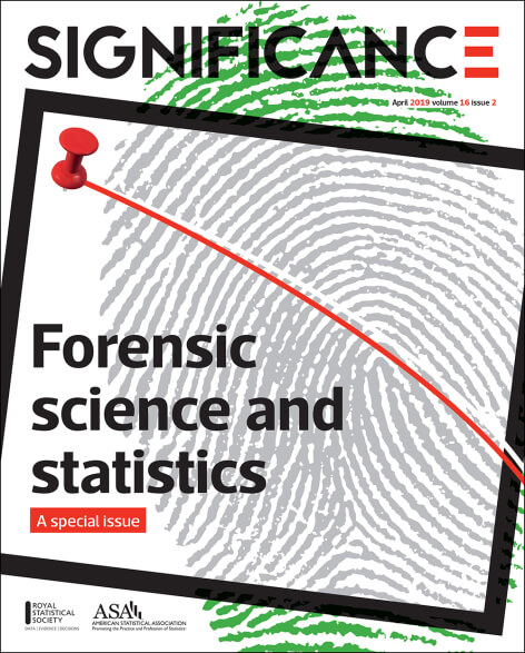 Magazine cover with a fingerprint, red pushpin, and the headline: "Forensic science and statistics.