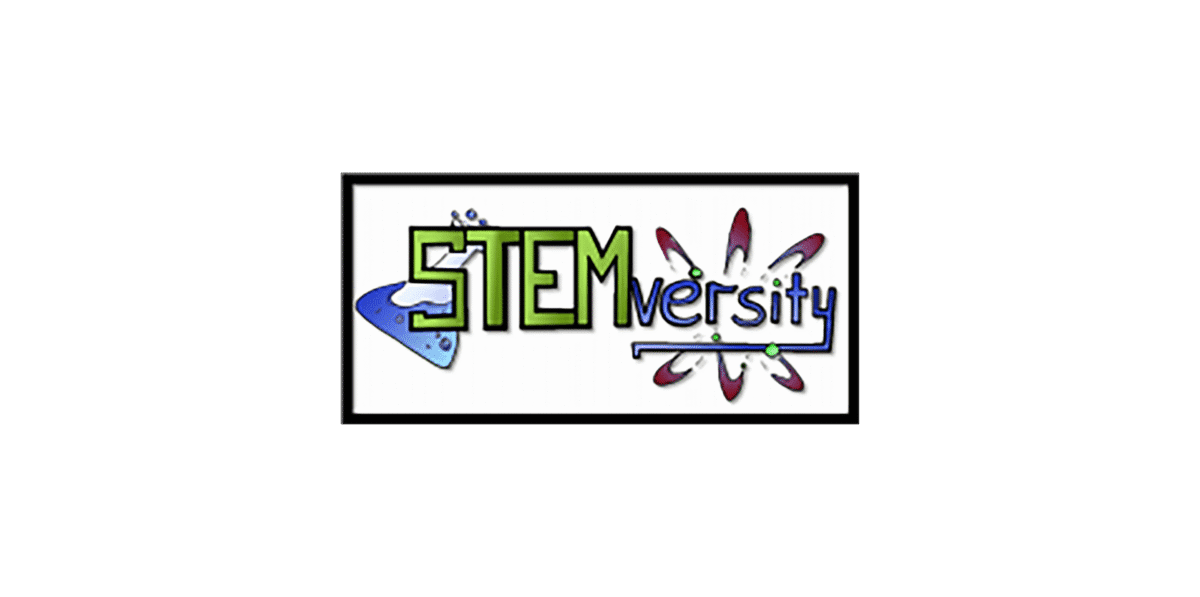 Logo with the word "STEMversity" featuring science-themed graphics on white background.