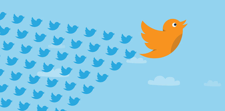 A large orange bird leads a flock of smaller blue Twitter birds in a blue sky with clouds.