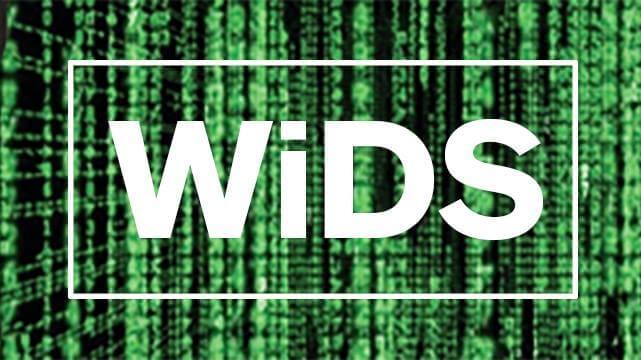 White "WiDS" text in a box over a green digital matrix-style code background.