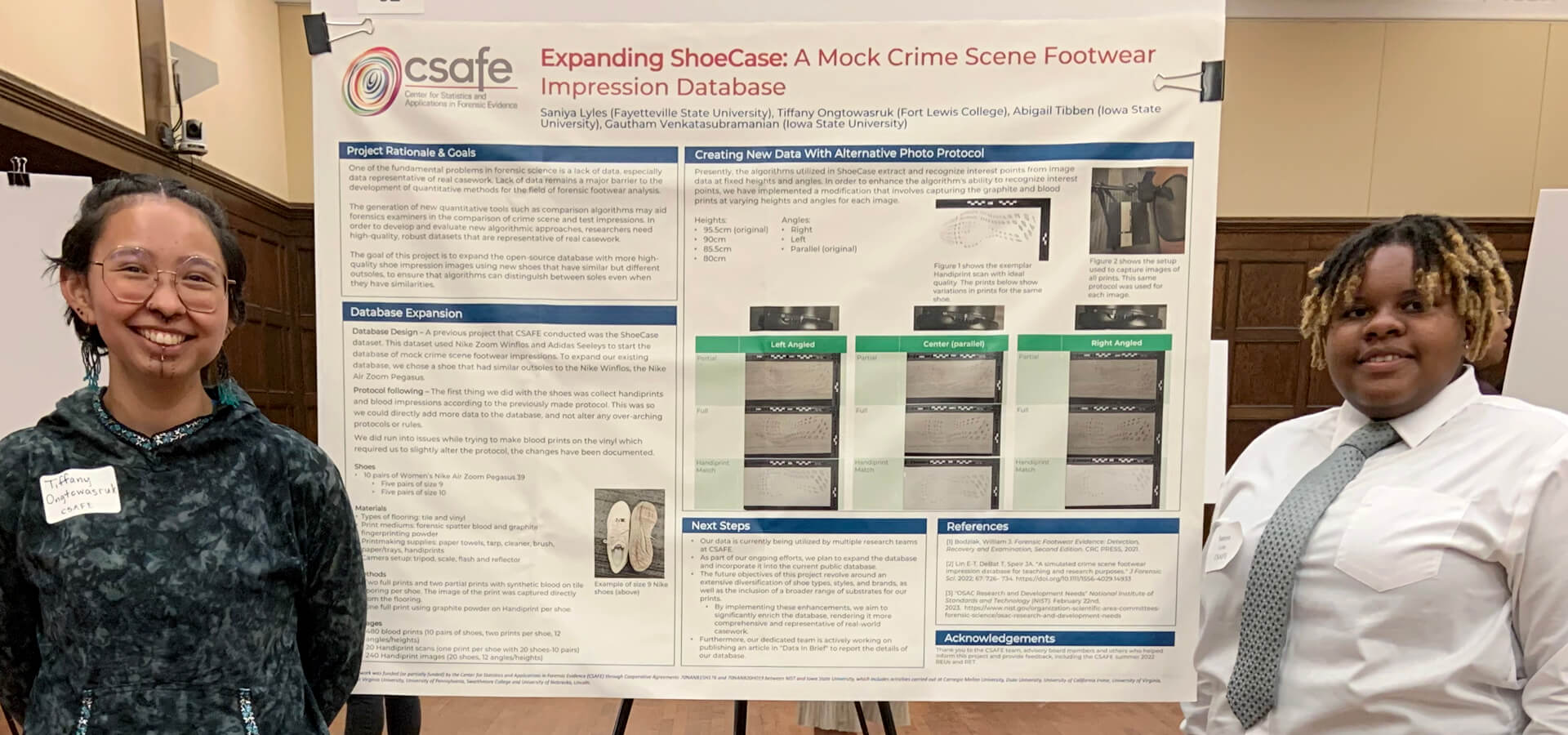 Tiffany Ongtowasruk (left) and Saniya Lyles presented their research project on expanding the open-source mock crime scene footwear impression database with more high-quality shoe impressions using new shoes that have similar by different outsoles.