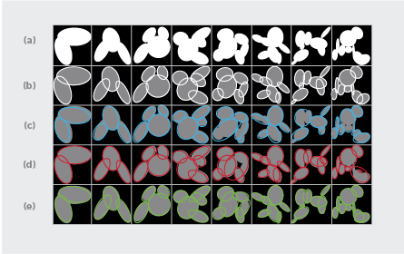 Five rows of abstract, balloon-like shapes with colored outlines on a black background.