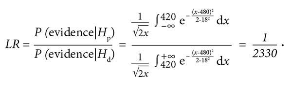 Likelihood ratio equation with integrals and exponentials, equals 1 divided by 2330.
