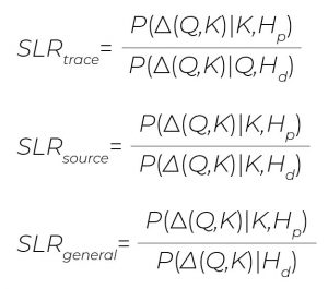 Three equations defining SLR with probability fractions and subscripts: trace, source, general.