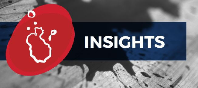 INSIGHTS text over blue bar with red circle and abstract white line on a grayscale background.