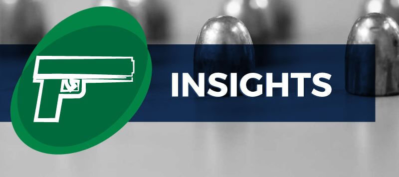 Drawing of a gun and the word “INSIGHTS” over bullets in the background.
