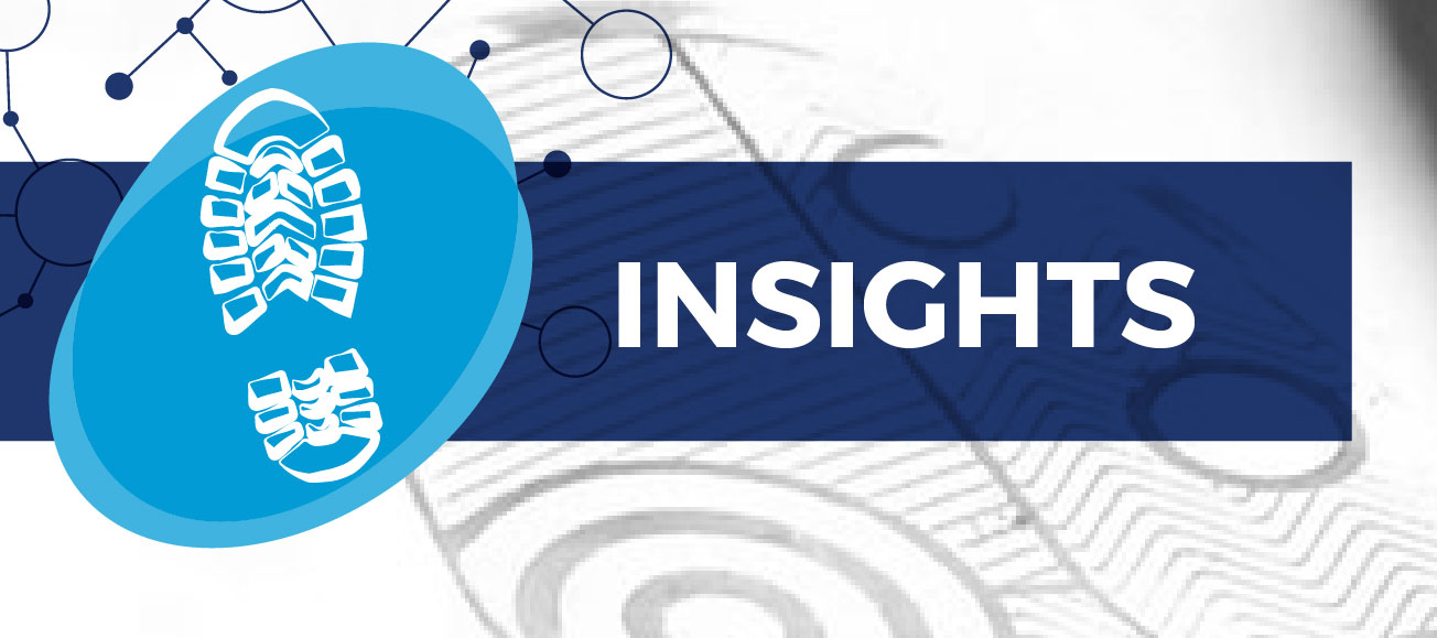 Boot prints and the word “INSIGHTS” on a blue background with circular line designs.