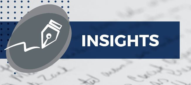 Pen icon and the word “INSIGHTS” on a blue background with blurred handwritten text.