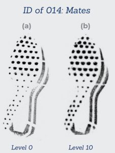 Two shoeprints labeled Level 0 and Level 10 with different dot patterns and lines.