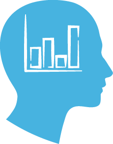 Blue silhouette of a head with a white bar graph inside the brain area.