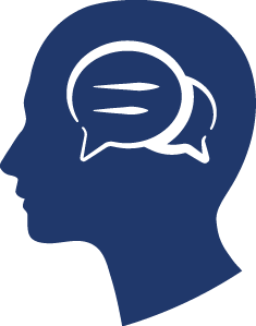 Blue silhouette of a head with two overlapping speech bubbles inside.