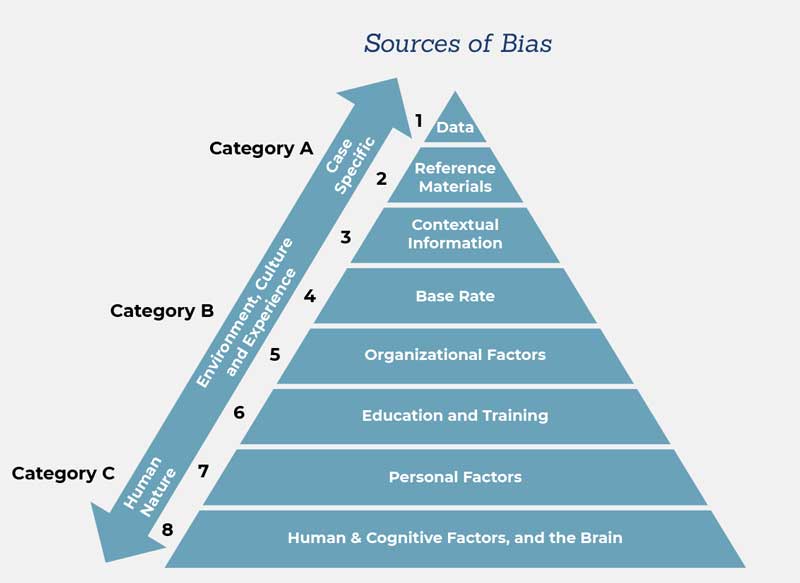 Pyramid showing 8 sources of bias, divided into 3 categories: case, environment, and human.