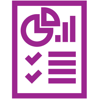 Purple report icon with pie chart, bar graph, checkmarks, and lines on a page.